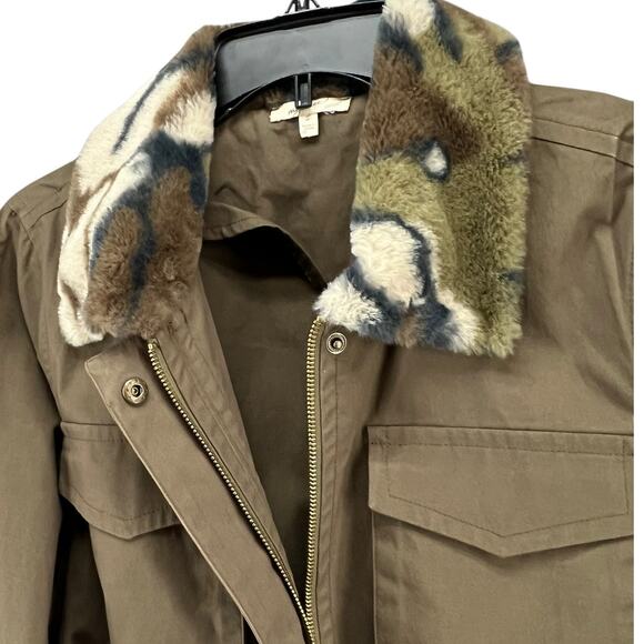 Mystree Jacket Womens S Green Brown Faux Fur Camo Zip Snap Coat Utility Military - Picture 3 of 13